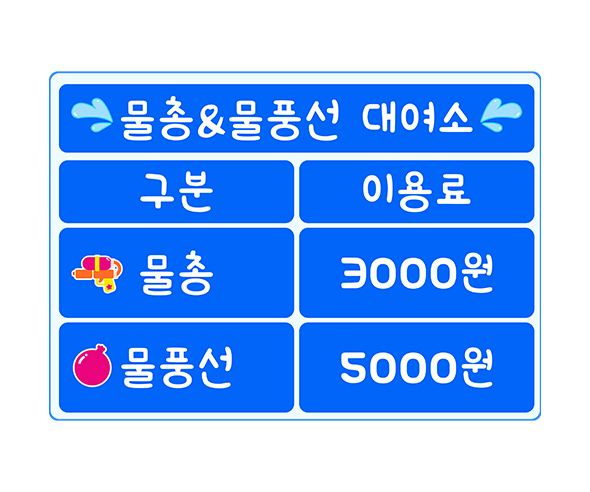 물총, 물풍선 대여소 메뉴판 (금액)