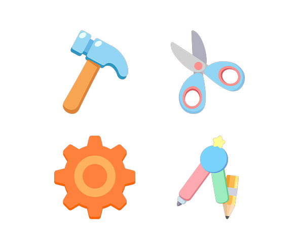 가위, 망치, 톱니, 컴퍼스