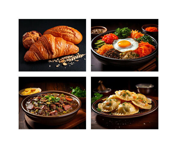 세계 여러 나라 전통 음식(페이조아다,피에로기,비빔밥,바게트와 크로와상) 