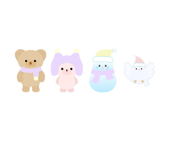 겨울 눈사람, 토끼, 새, 곰