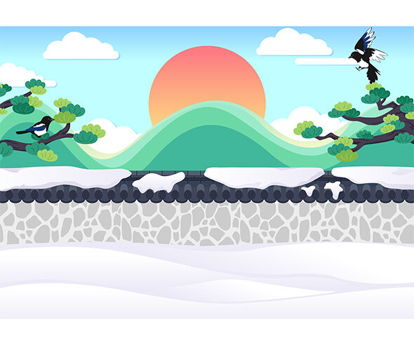 눈 내린 설날 담장 배경