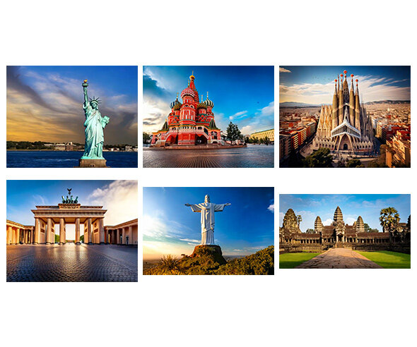 세계 여러 나라 건축물(브라덴부르크,앙코르 와트, 성 바실리 성당, 자유의 여신, 구세주 그리스도상, 사그라다 파밀리아)