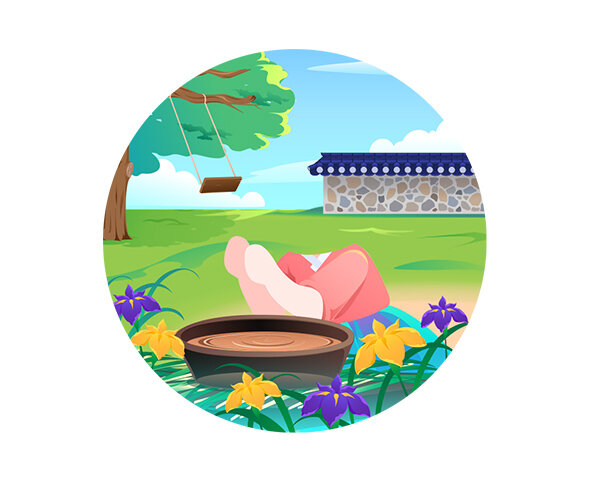 창포 물 머리감는 아이 합성 라벨