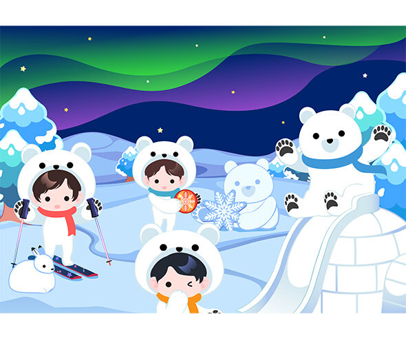 북극곰과 오로라 배경