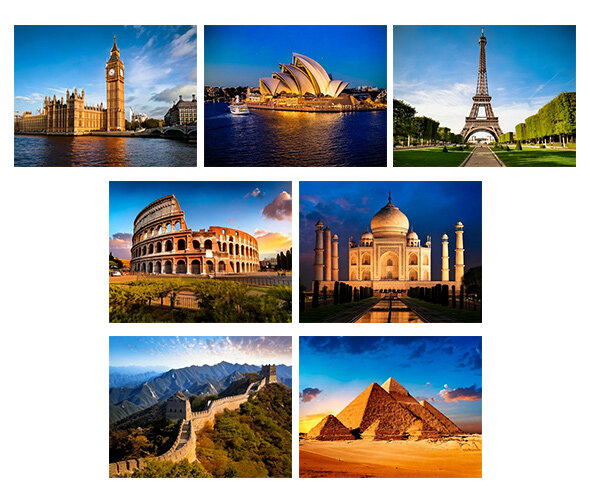 세계 여러 나라 건축물(빅벤,피라미드,콜로세움,타지마할,만리장성,에펠탑,시드니 오페라 하우스)