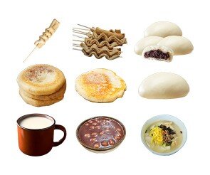 겨울 음식(꼬치어묵,따뜻한 우유,호떡,떡국,팥죽)