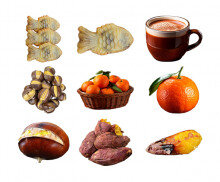 겨울 음식(군고구마,군밤,붕어빵,호빵,핫초코,귤)