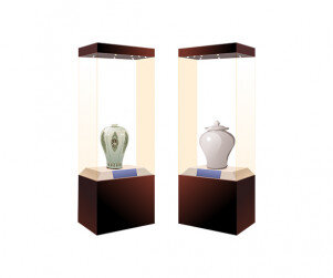 박물관 전시대(상감 모란 버들 갈대무늬 매병, 백자)